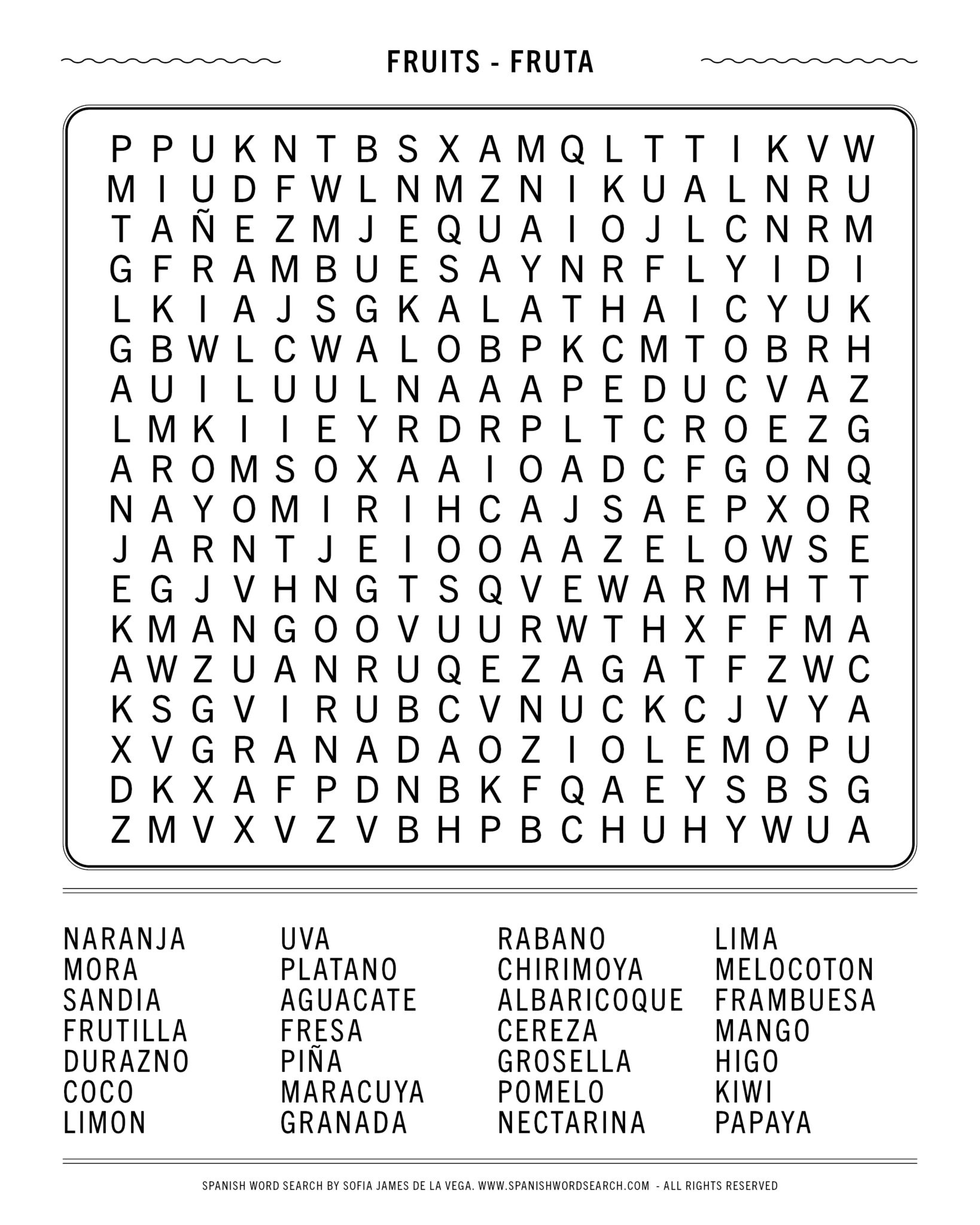 Spanish Word Search With Fruits Puzzle Game To Find Fruits In Spanish