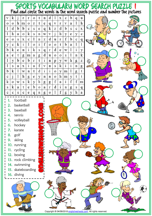 Sports ESL Printable Word Search Puzzle Worksheets For Kids 