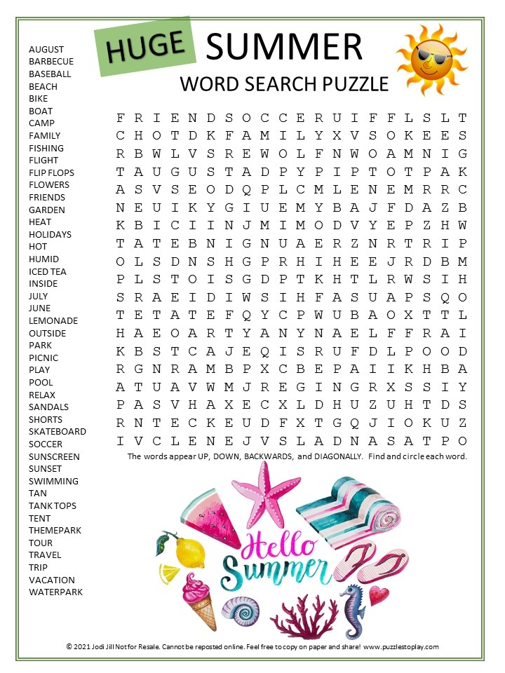 Summertime Word Search Puzzles Printables