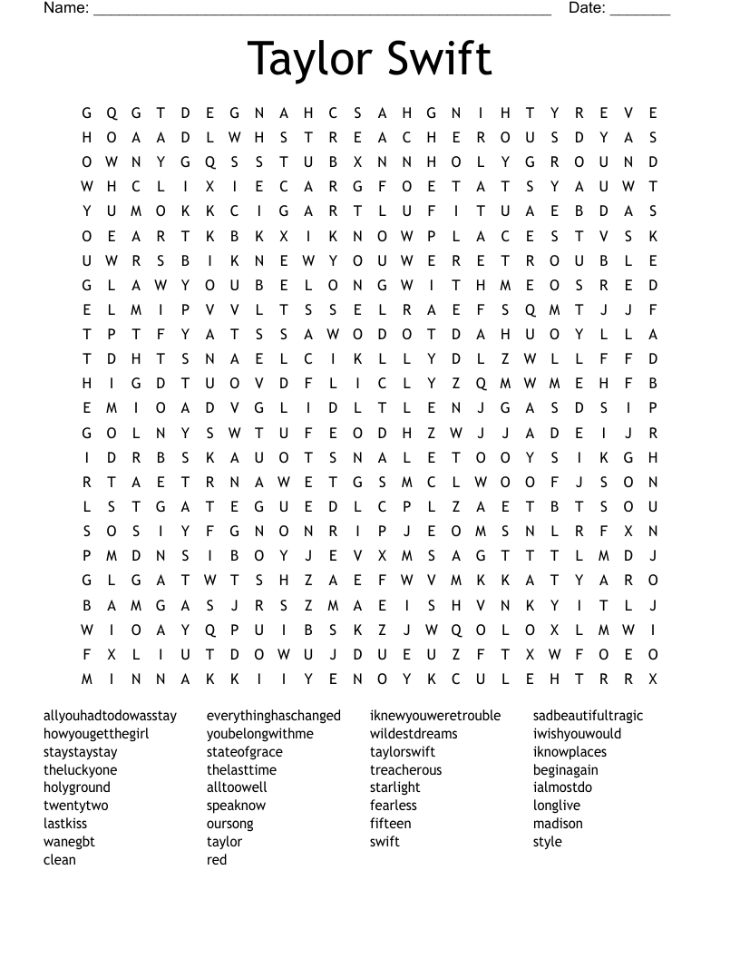 Taylor Swift Word Search Printable Word Search Maker