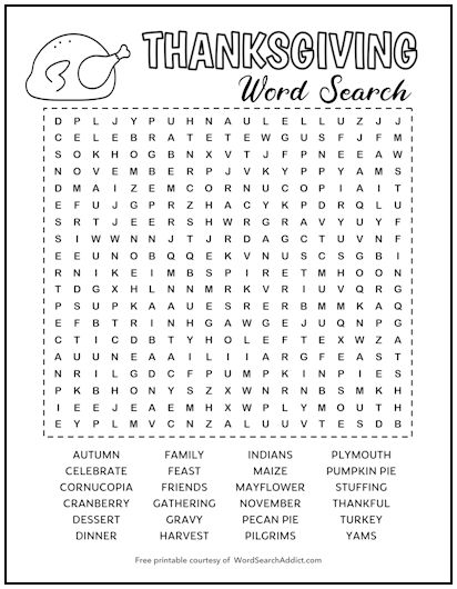 Thanksgiving Printable Word Search Puzzle Word Search Addict