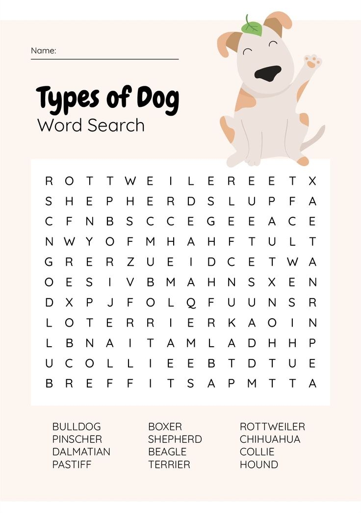 The Types Of Dog Word Search Is Shown In This Page Which Includes An 