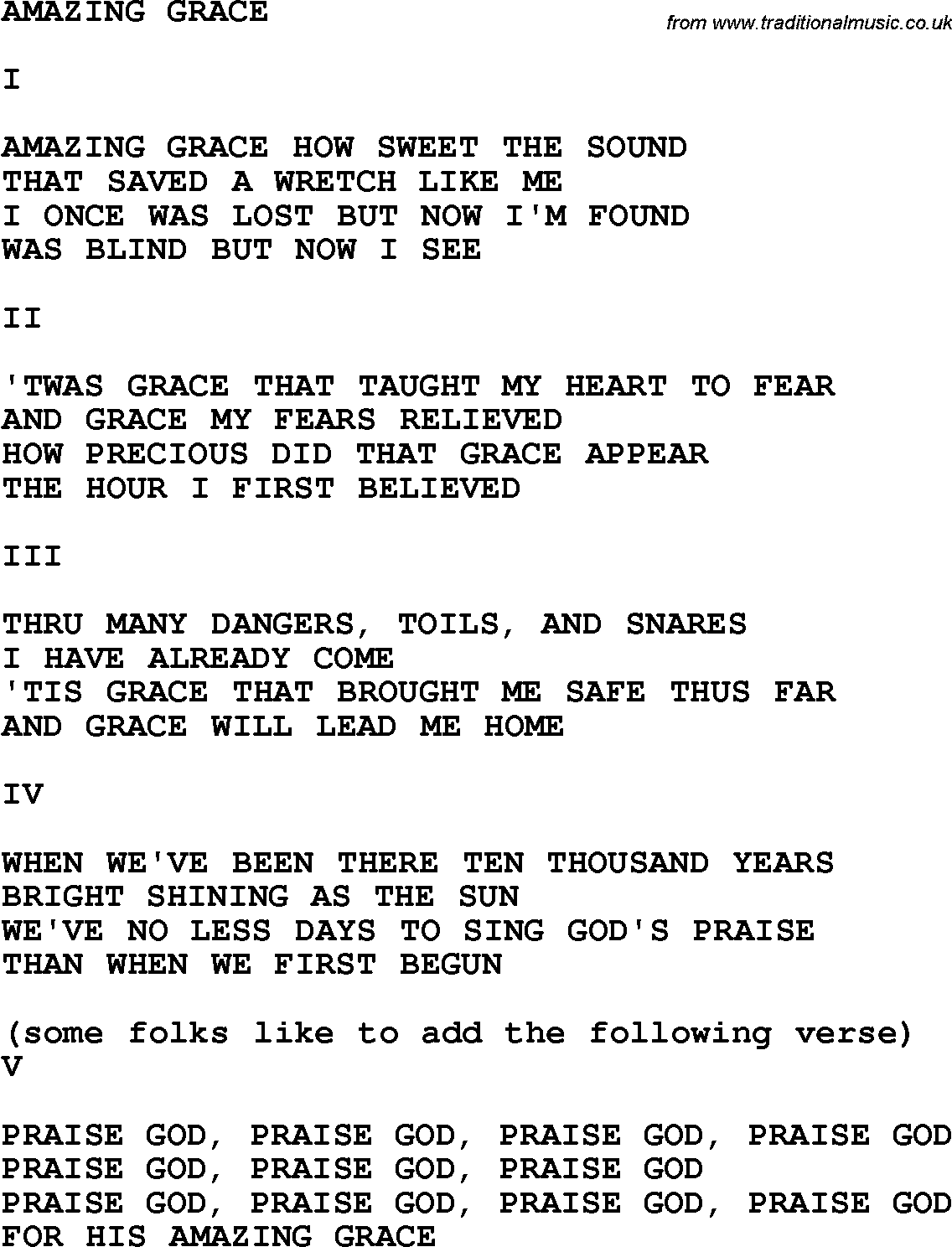 Words To Amazing Grace Printable