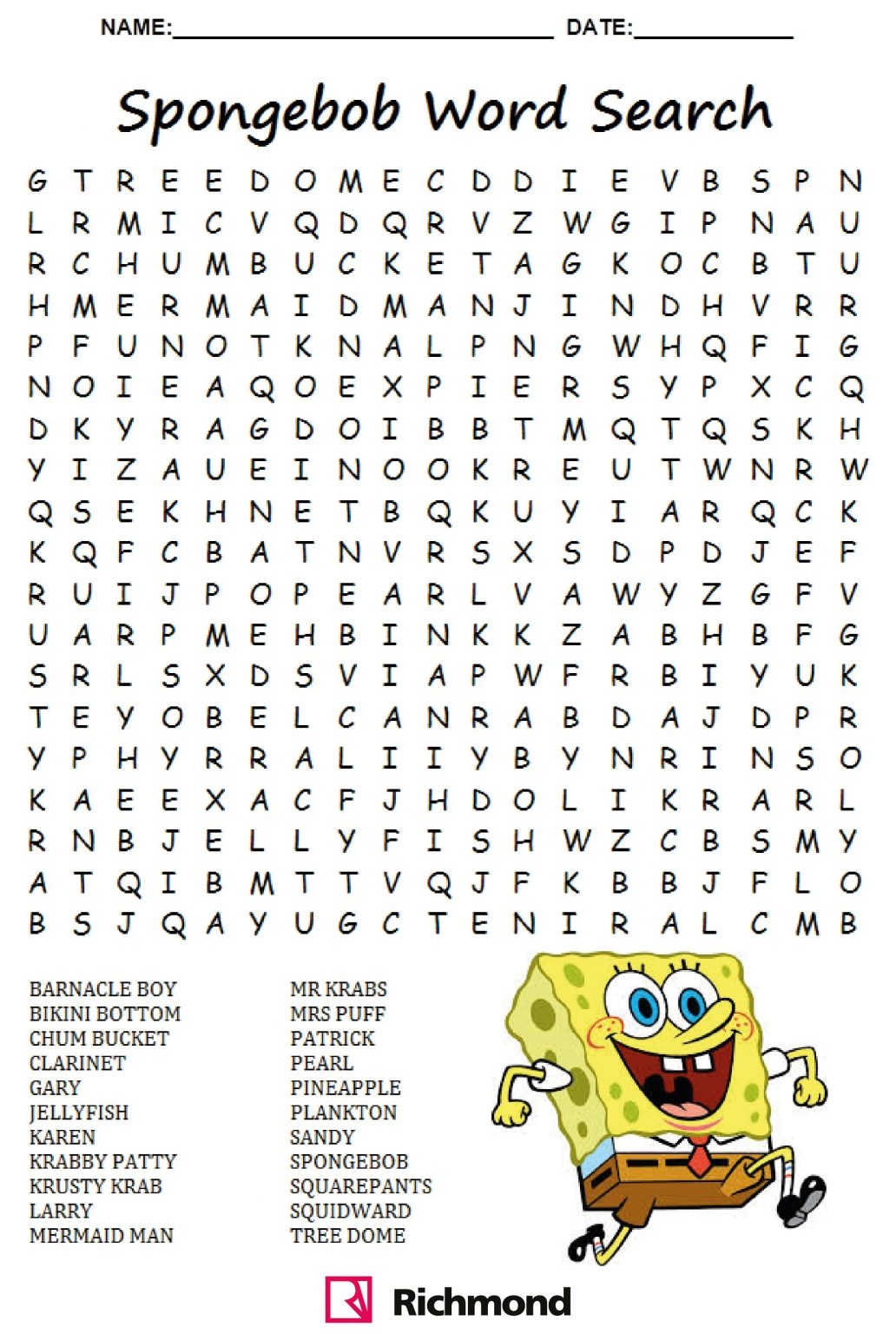Wordsearch Spongebob Time Activity Sheets For Kids Word Search  Wordsearch Spongebob Time Activity Sheets For Kids Word Search